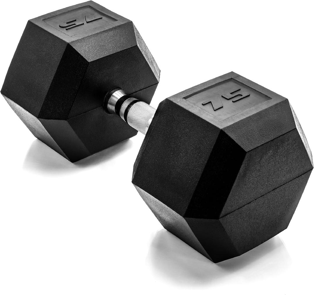 CAP Barbell 75 LB Rubber Coated Hex Dumbbell Hand Weight - Single | Chrome Handle