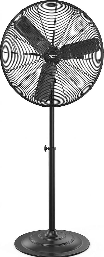 Comfort Zone Industrial Pedestal Fan, 30 inch, 3 Speed, High Velocity, Adjustable Height 56 to 76, Metal, Meets OSHA Standards, Airflow 36 ft/sec, Ideal for Garage, Workshop or Warehouse, CZHVP30