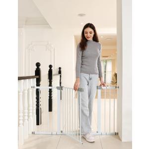 53.46"-55.63" Baby and Pet Safety Gate, 30" Tall Metal Walk-Thru Gate for Doorways & Stairs, Easy One-Hand Open, Dual Lock, Extensions & Wall Mounts Included (White, 29"-54" W x 30.5“H)