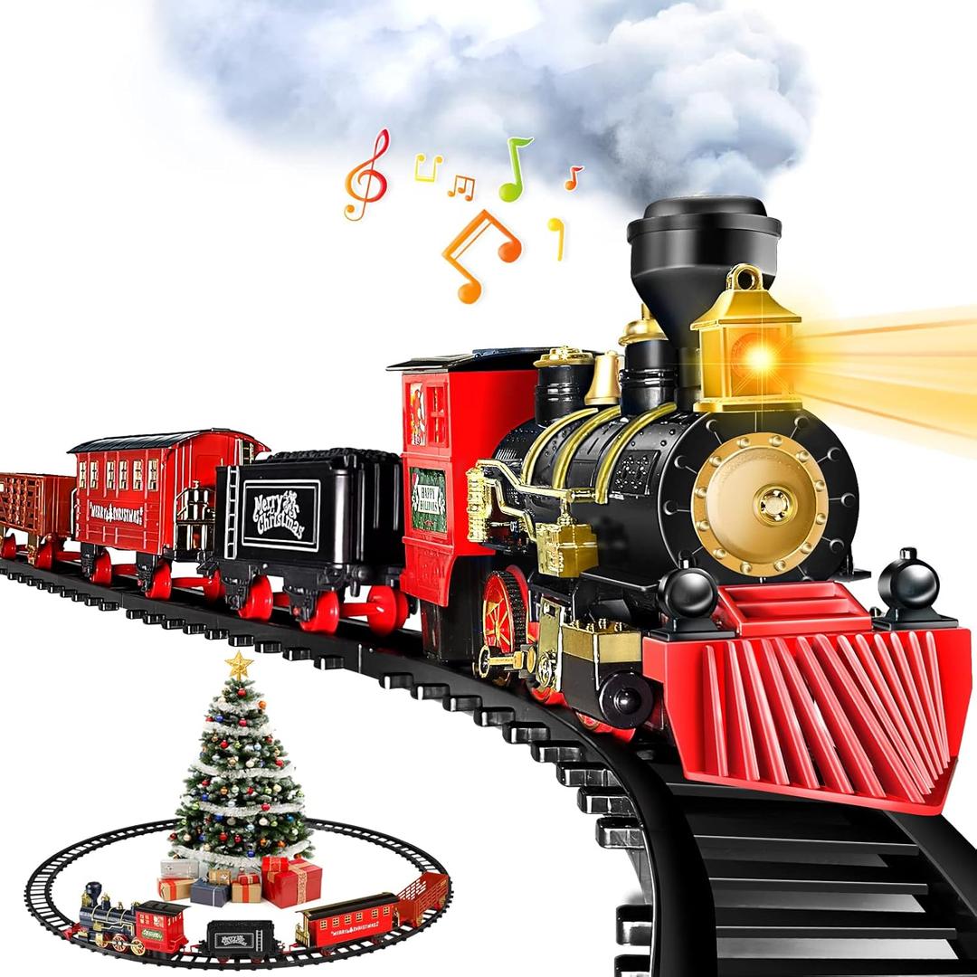 Gloween Christmas Train Sets for Under The Tree, Electric Train Toy with Steam, Light & Sound, Great for 3 4 5 6 7 8+ Year Old Kids, Toddler Boys Girls