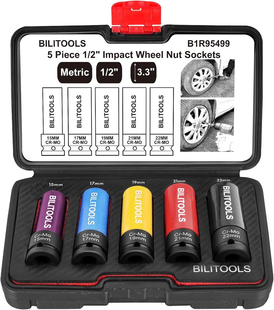 BILITOOLS 1/2 inch Drive Impact Lug Nut Socket Set, 15 17 19 21 22 MM NonMarring Thin Wall Wheel Protector Nut Socket