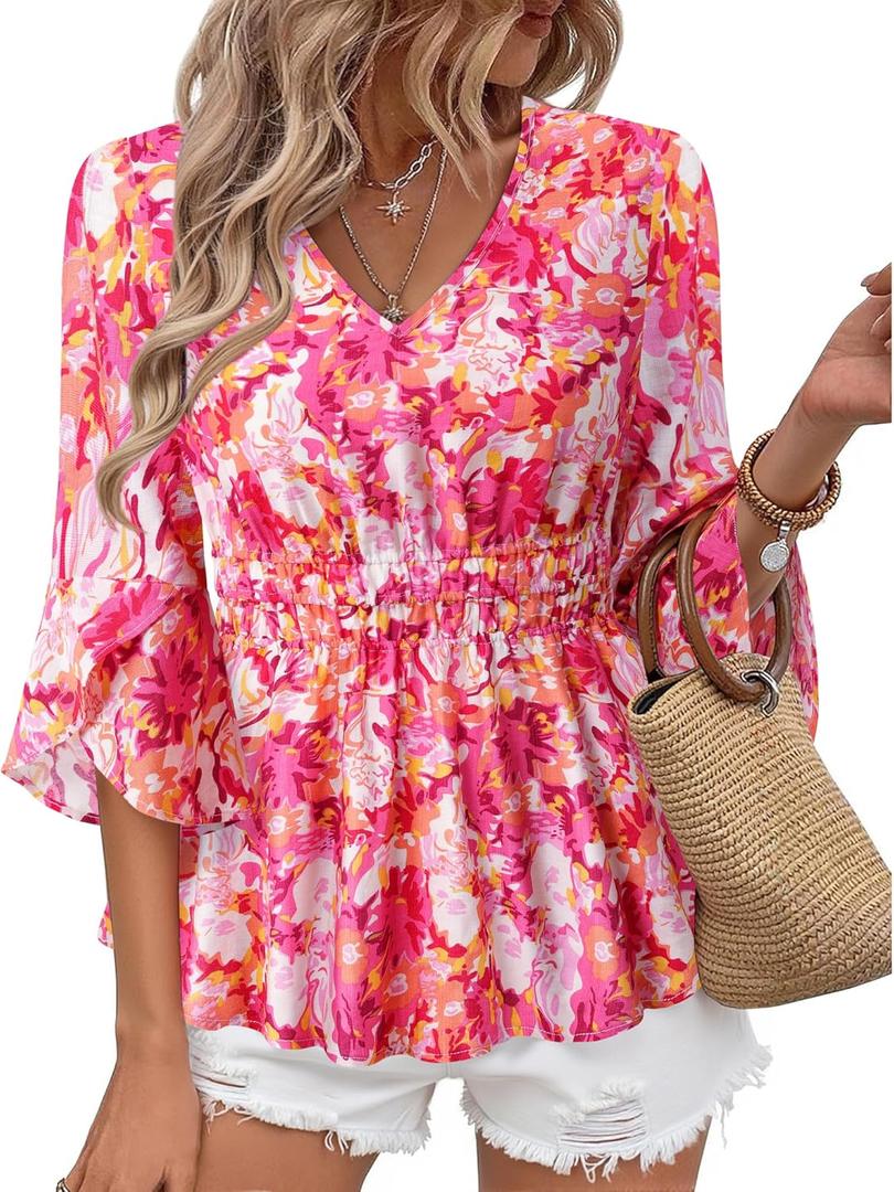 Timeson Women's 3/4 Sleeve Tops Dressy Casual V Neck Floral Blouses Elastic Waist Fall Shirts (Pink, XL)