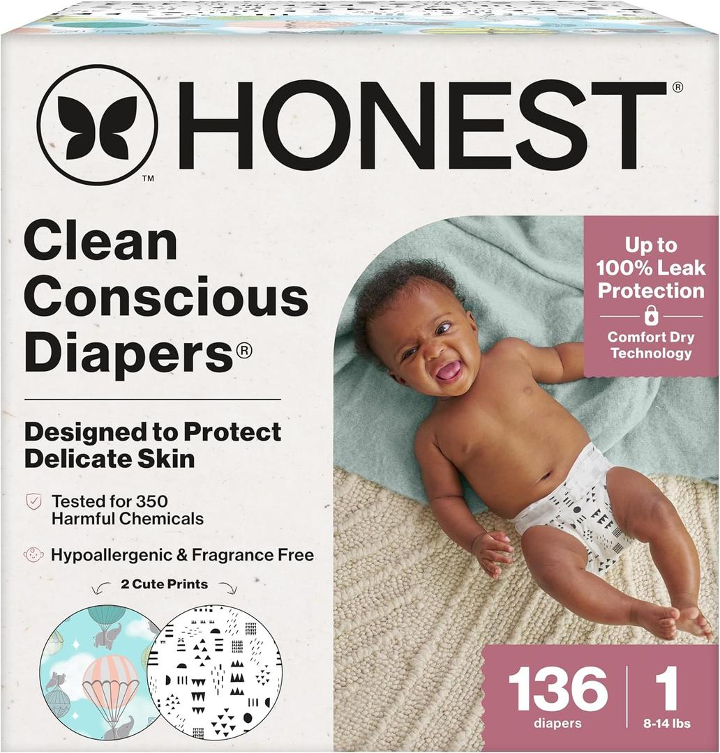 The Honest Company Clean Conscious Diapers for Sensitive Skin | Hypoallergenic, Fragrance Free | Gender Neutral Prints | Super Club Box, Size 1 (8-14 lbs), 136 Count (Above It All + Pattern Play)