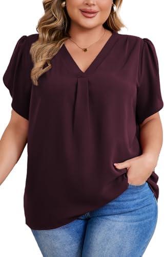 Women's Plus Size Casual Blouses Solid Business Work Tops Petal Short Sleeve V Neck Loose Fit T Shirt Summer Trendy 2026 4XL