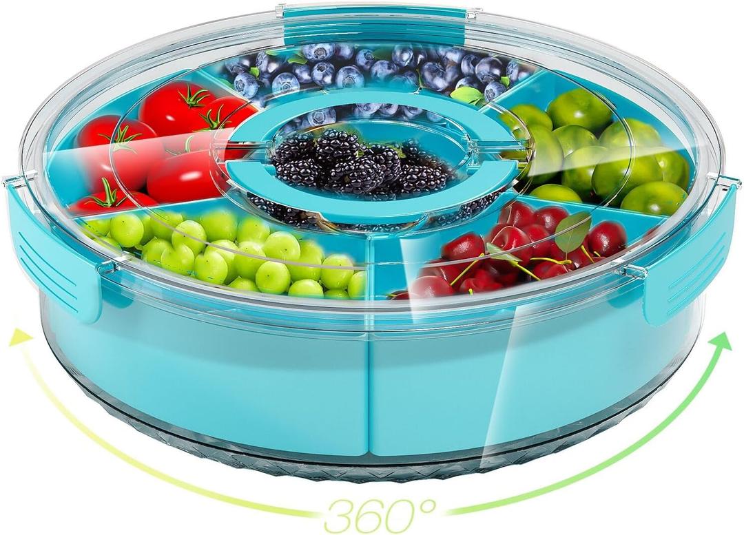 Divided Serving Tray with Lid and Handle,Large Snack Spinner,Snackle Box Container, Multi-purpose Food Platter for Charcuterie Veggie Fruit, Taco Tuesday Movie Night Travel Beach Picnic Essentials (12" W-1pcs-6 Compartments, Blue)