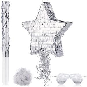 Disco Ball Small Piata with Stick Blindfold and Confetti, Silver Foil Piatas for Birthday Party Kids Adults Retro Birthday Game Party Decorations Supplies(Star)