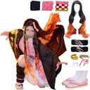 Full Set Anime Halloween Costume For Womens Party Role Cosplay Cloak Kimono Outfit W/Slippers Wig (Large, Pink)