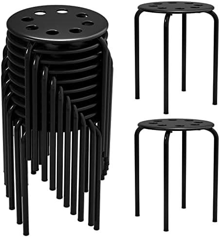 12 Pack Black Plastic Stack Stools - Stackable Stools with Metal Frame, Backless, Round Top for Students, Adults, School, Office, Home