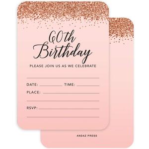 Andaz Press Blush Pink And Rose Gold Glitter Elegant Party, 5X7-Inch Invitations With Envelopes, 60th Birthday, 24-Pack, Double Sided Printing, Birthday Invitations For Women 60th Birthday Invitations