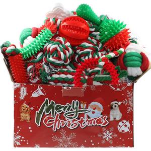 Christmas Dog Toys 7 Pack, Puppy Rubber & Rope Toys Set, Interactive Tough Box for Dog Playing, Training & Teething Bulk for Holiday Puppies' Presents