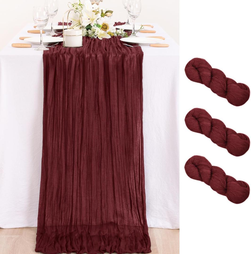 MLMC 3 Pack Burgundy Red Valentines Table Runner 10ft Rustic Gauze Wine Red Cheese Cloth Table Runner Cheesecloth Centerpiece for Wedding Holiday Anniversary Events Valentine's Day Decor