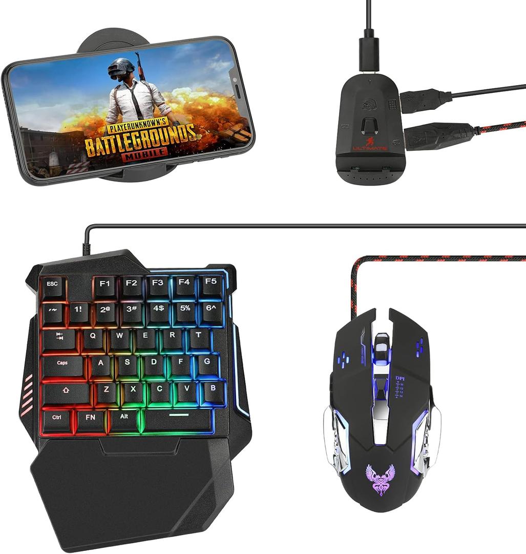 Half Hand Gaming Keyboard and Mouse Combo Laelr 35 Keys PUBG Wired Mechanical RGB Backlit Keyboard with Wrist Rest Wired Gaming Mouse Converter for Android iOS Phone Game Not Support iOS 13.4 & Above (350*185*50mm)