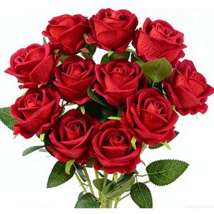 Jasion 12PCS Artificial Roses Realistic Velvet Silk Flowers Long Stem Faux Flowers Bouquet for Wedding Home Party Table Centerpieces Decorations (Red)