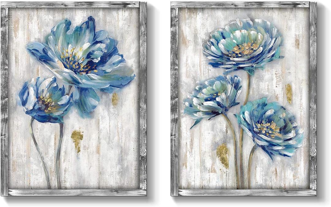 Blue Flower Wooden Artwork Framed: Bloom Wall Art Floral Painting Print for Dining Room (11''W x 16''H x 2 PCS, Multiple Sizes/Material)