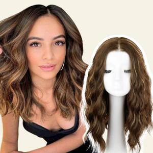 Brown Highlight Short Wavy Wig for Women Shoulder Length Middle Part with Pre Cut Lace Hairline Wavy Wig Natural Appearance Synthetic Heat Resistant Fiber for Everyday Hairstyle 16 Inch