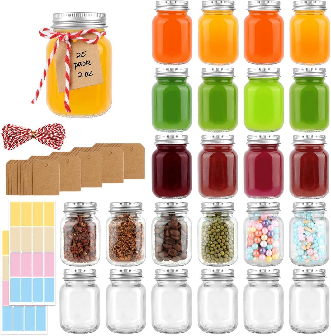 25 Pack 2 oz Mason Jars with Silver Lids, Mini Glass Jar for Ginger Shots, Small Juice Shot Container for Beverage Storage Candle Gifts Honey Jam Spices Wedding Party Favors