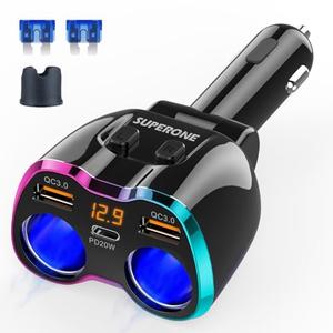 Superone 2025 Upgraded Cigarette Lighter Splitter, SUPERONE 180W 2-Socket Cigarette Lighter Adapter with Dual QC3.0 and 20W PD USB C Car Charger Splitter for GPS/Dash Cam/Laptop/iPad/iPhone 17/16/15/14/13/12