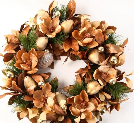 BINFEN 24" Winter Wreaths for Front Door, Gold-Brown Leaves Balls Pears Magnolia Flowers Christmas Wreath, Door Reef for Windows Fireplaces Walls, Front Porch Indoor and Outdoor Decor
