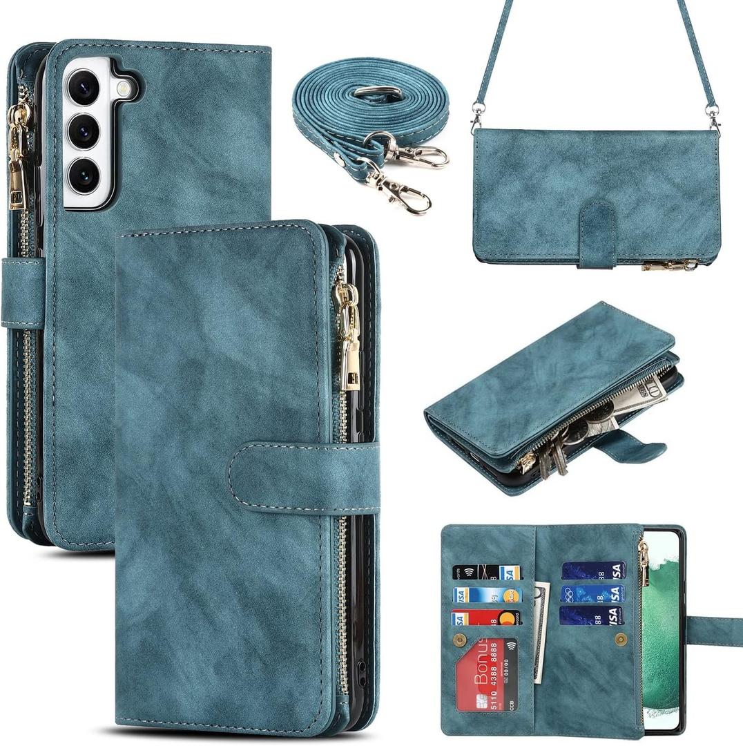 iCoverCase for Samsung Galaxy S22 Plus Wallet Case with Card Holder, Kickstand Feature PU Leather Case with Adjustable Crossbody Lanyard Magnetic Clasp Zipper Pocket Flip Cover (Blue)