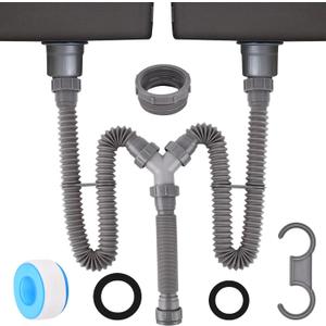 Flexible Sink Drain Pipe 1-1/2 inch for Double Sink Drain, Expandable All-In-One-Drain Kit for Double Bowl Sinks with Sealing Ring, Tape, and Tubing for Kitchen, Bathroom(as shown)