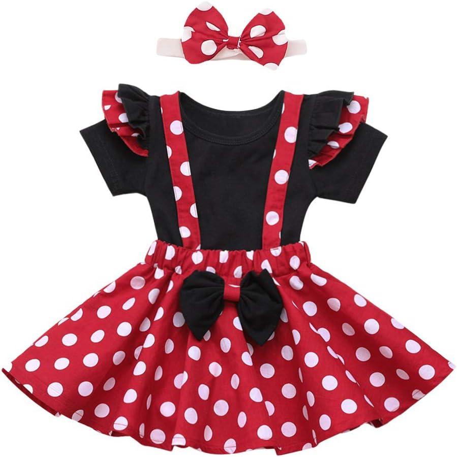 IBTOM CASTLE Polka Dots Tutu Costume for Baby Girl Princess 1st Birthday Party,Dress Up w/Overall Suspender Skirt,Headband (6-9 Months, Red+black)