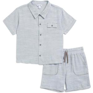 Splendid boys Boardwalk Linen Short Sleeve Button Down Shirt and Shorts 2-Piece Set, Light Sage Stripe Size 2