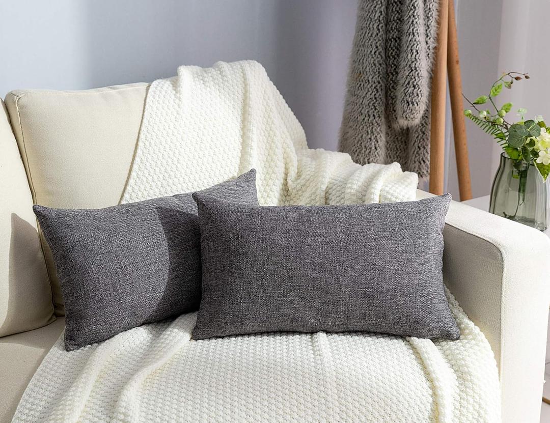 Stellhome Rectangle Linen Throw Pillow Covers Solid Farmhouse Burlap Cushion Covers for Home Decoration, Set of 2, 12 x 20 inch (30 x 50 cm), Dark Grey