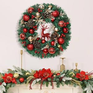 Christmas Wreath - 16" Christmas Wreaths for Front Door Red Christmas Reindeer Balls Berries Pine Cones Pine Needles Door Wreath for Home Wall Window Porch Indoor Outdoor Decor
