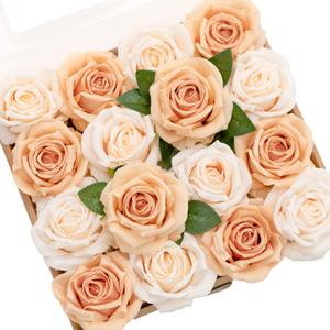 Ling's moment Artificial Flowers 16pcs Silk Roses with Stems, 3.5" Fake Vendela Roses Bulk for DIY Wedding Bouquets Centerpieces Party Baby Shower Home Decoration, French Orange & Cream
