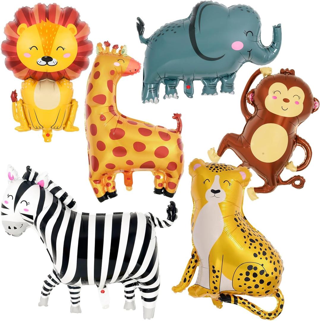 6 Pcs Safari Balloons,Jungle Safari Animals Foil Balloons,Giant Zoo Animal Balloon Zebra Elephant Monkey Lion Giraffe Leopard Shaped Animal Balloon for Zoo Wildlife Theme Birthday Party Decorations