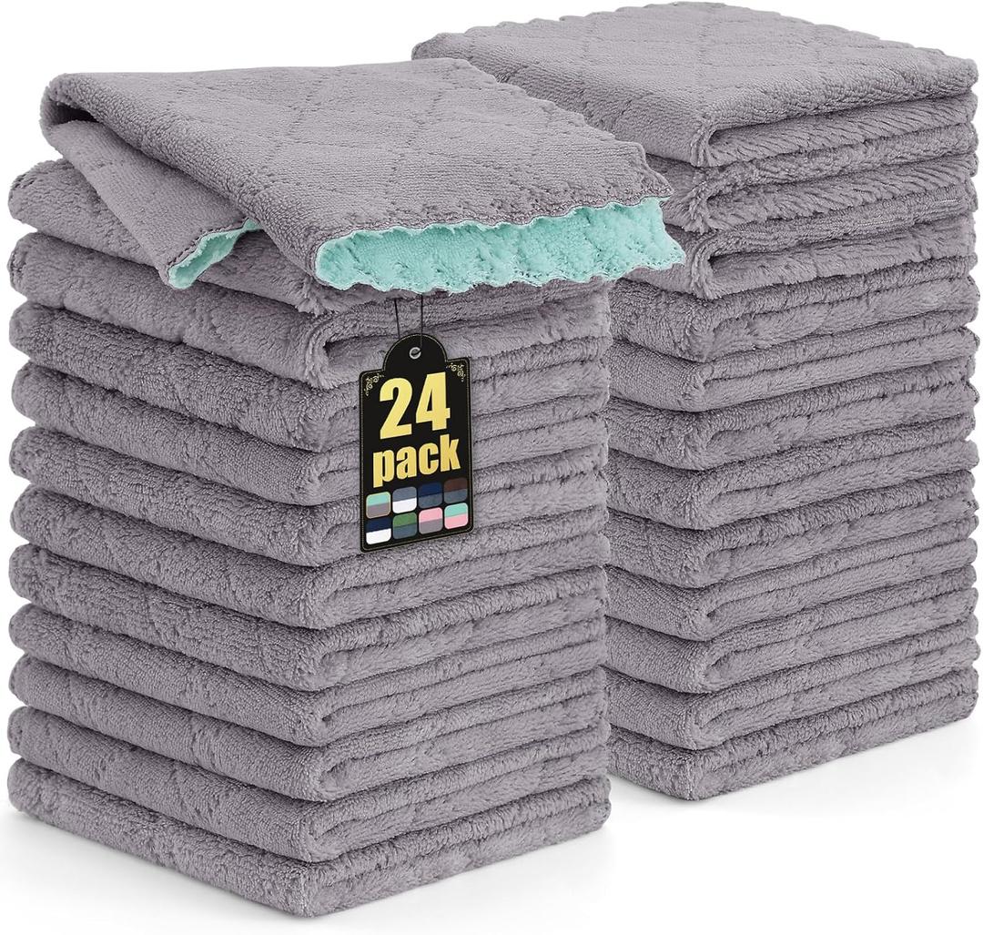 Mordimy 24 Pack Kitchen Cloths Dish Towels (10" x 10", Grey & Green), Super Soft and Absorbent Dish Cloths, Coral Velvet Microfiber Cleaning Cloth, Nonstick Oil Fast Dry Dishcloths