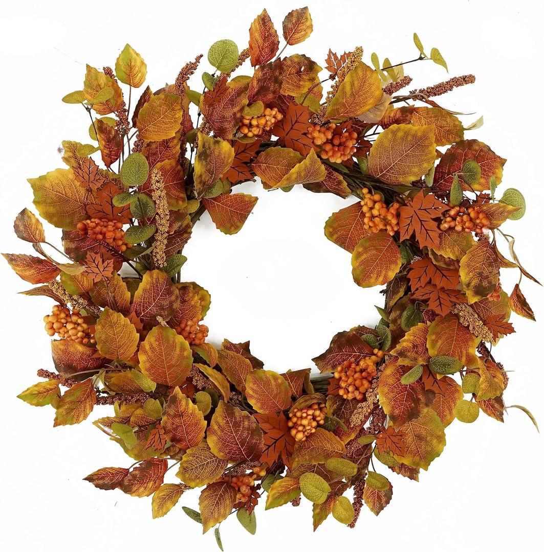 Fall Wreath 20" Autumn Wreath for Front Door with Maple Leaves, Ears of Wheat and Berry, Fall Leaves for Front Door Indoor Outdoor Farmhouse Wall Window Decor