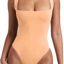 REORIA Womens Sexy Casual Sleeveless Square Neck Tummy Control Thong Bodysuits Tank Tops Sexy Plus Size Peach Fuzz X-Large