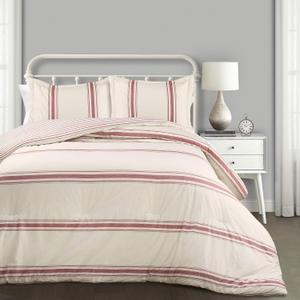 Lush Decor Farmhouse Stripe Reversible Cotton Comforter Set, 3 Piece Set, Full/ Queen, Red - Cozy Frmhouse Bedding Set - Rustic Decor - Striped Comforter - Modern Farmhose Bedroom Decor
