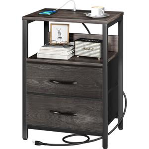 Yoobure Nightstand with Charging Station, Small Night Stand with Fabric Drawers and Storage Shelf for Bedrooms, Nightstands for Small Spaces, Bedside Table with USB Ports & Outlets, Bed Side Table