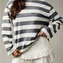 Women's Oversized Tshirts Striped Long Sleeve T Shirts Crew Neck Preppy Tops Fall Outfits (Gray, M)