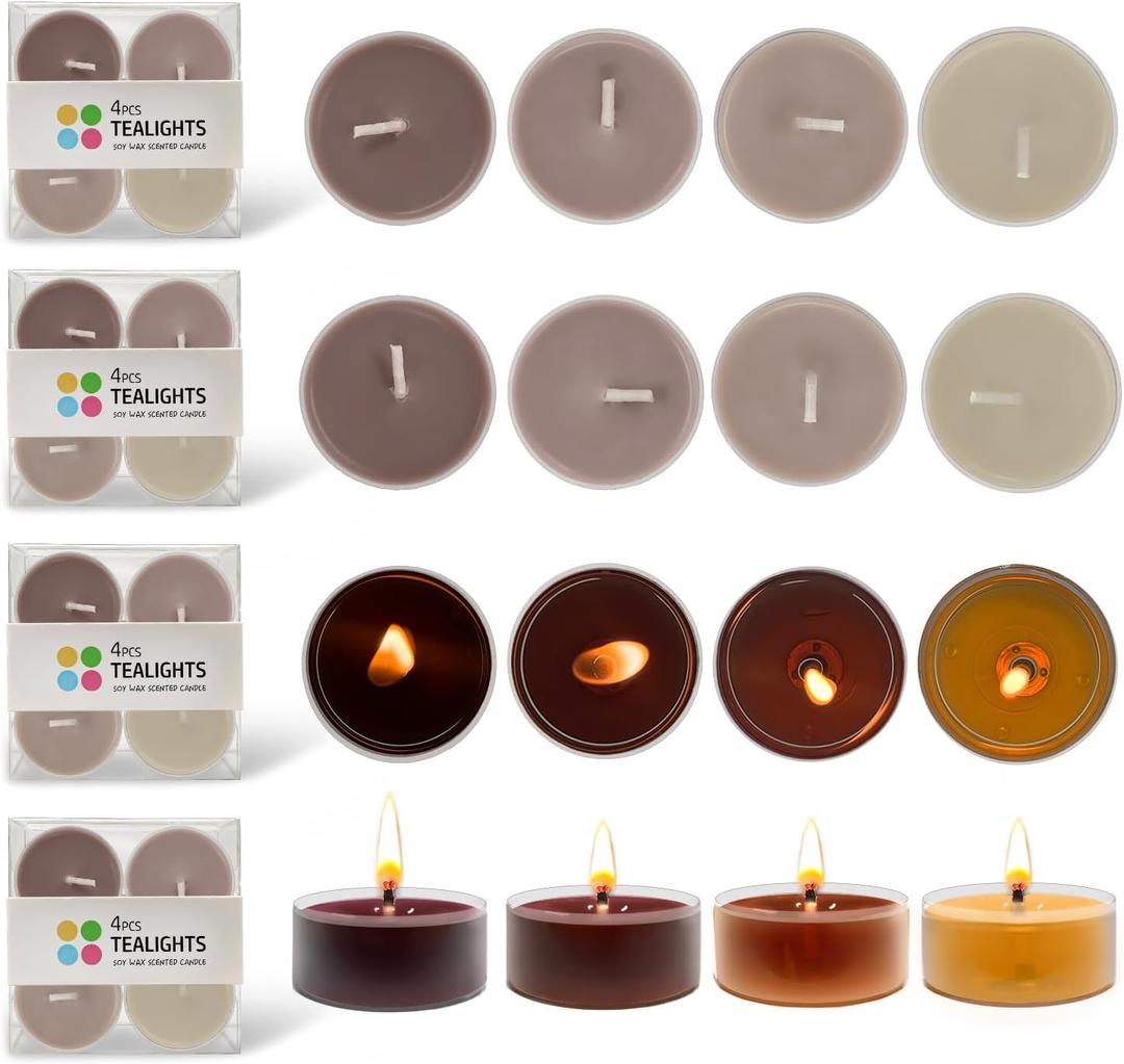 16 Pack Scented Colored Tealight Candles, Natural Soy Tealight Candles, Ideal for Customers Seeking for Subtle, Refreshing Scent Experience, Citrus Floral Scented, 3 Hour Burn Time, Brown