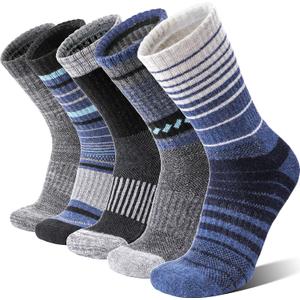 5 Pairs Merino Wool Hiking Socks Thermal Winter Warm Moisture Wicking Cushion Outdoor Socks for Women & Men (Large, Blue Grey Black Stripes)