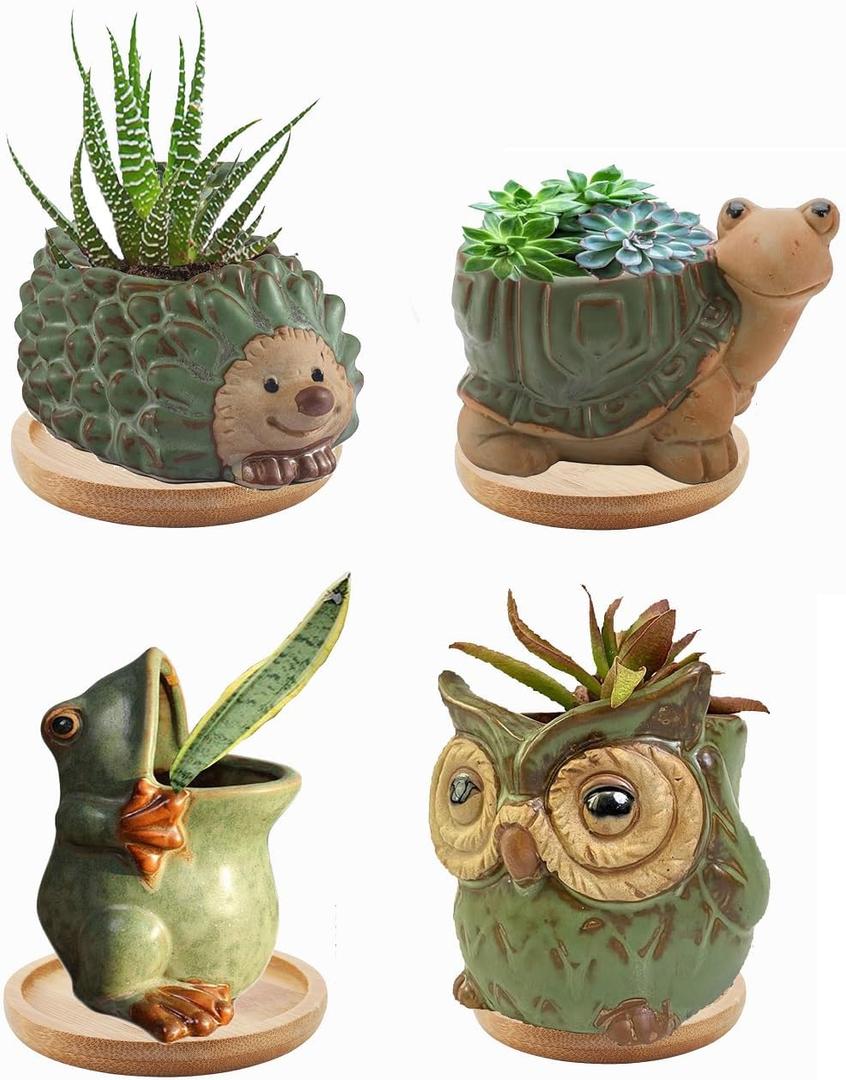 4pcs Green Animal Shaped Planter Small Succulent Pot Small Succulent Pots with Drainage, Ceramic Animal Planter, Indoor Plant Container Planter with Drainage Hole Home Office Desk Garden Gift