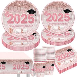 Pink Graduation Decorations Class of 2025, Pink Rose Gold Graduation Party Disposable Paper Plates Napkins Cups Tablecloth for 2025 Graduate Party Decorations Supplies Set, Serve 30