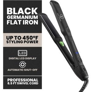Black Germanium Flat Iron Hair Straightener 1.25 Floating Plates, Ionic Fast-Heat MCH, Digital 180450F, Frizz Control, 60-Min Auto Shutoff, 8.5-ft Swivel Cord, Salon Professional