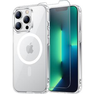 for iPhone 13 Pro Max Case Clear with Screen Protector, Compatible with Magsafe, Anti-Yellowing, Military-Grade Protection, Shockproof Slim Magnetic Phone Case Cover, Transparen