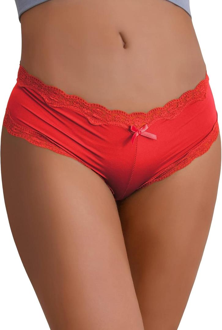 ohyeah Women Cheeky Underwear Panties Hipster Cotton Crotch Mid Waist Lace Trim Boyshorts Panties for Women Full Coverage (X-Small-Small, 1- Red)