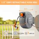 Retractable Garden Hose Reel, 1/2 inch x 100 ft Water Hose Reel Wall Mounted, Any Length Lock, Slow Auto-Rewind, 180Swivel Bracket & 10 Pattern Nozzle