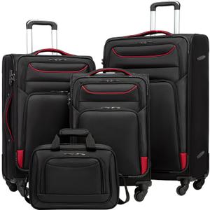 Coolife Luggage 4 Piece Set Suitcase TSA Lock Spinner Softshell lightweight (black+red)