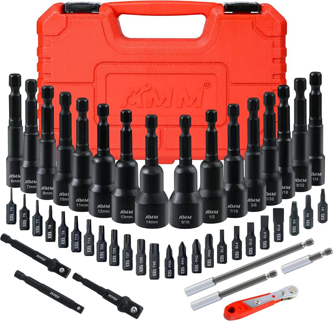 AMM 47PCS Magnetic Nut Driver & Screwdriver Bit Set, Includes Nut Driver Set for Impact Drill, Screwdriver Bit, Mini Ratcheting Wrench, Drill Bit Adapter & Bit Holder | 1/4" Hex Shank | Cr-V Steel