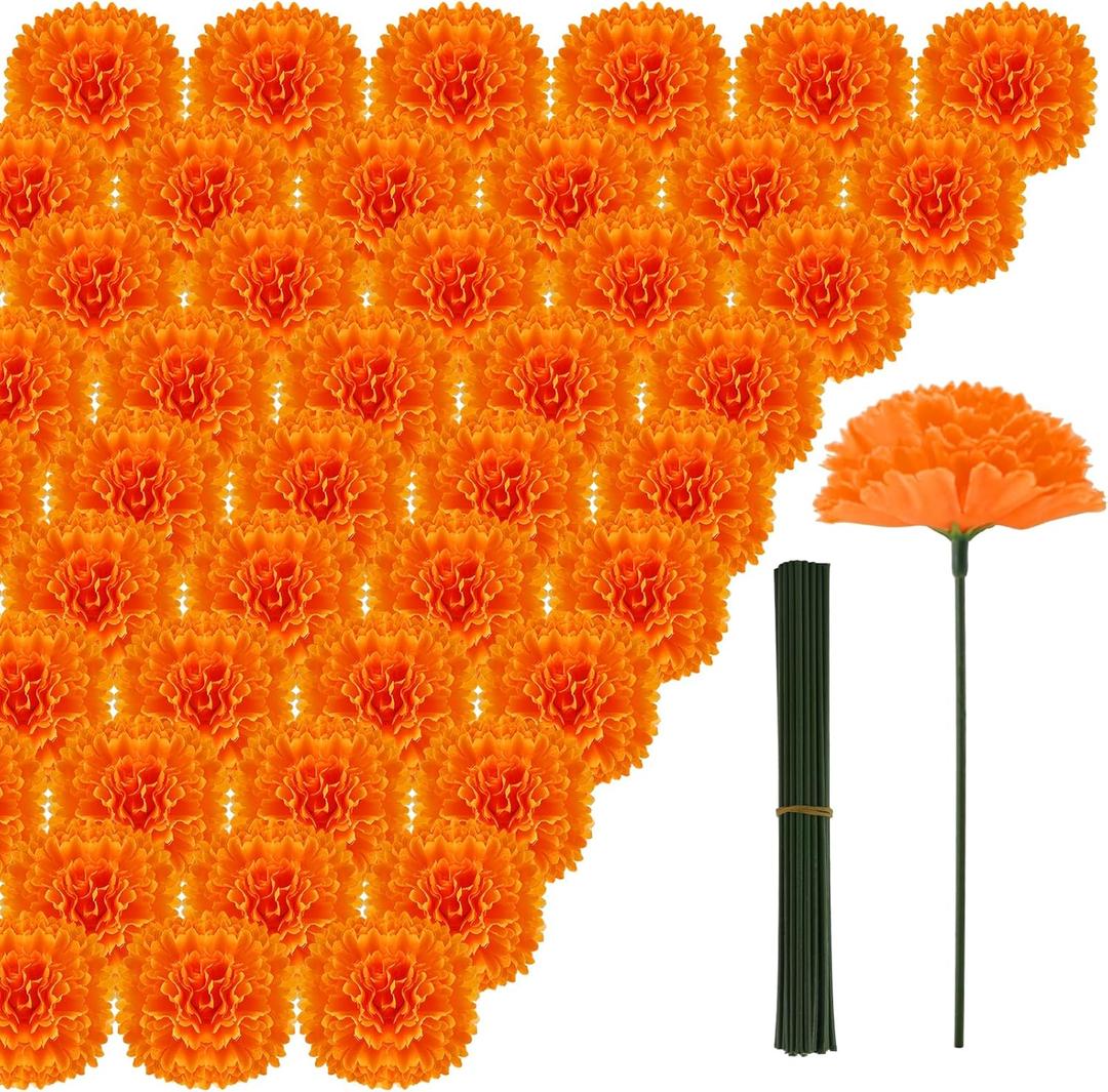 Hananona 50Pcs Artificial Marigold Flower Heads, Silk Marigold Heads Bulk Fake Flowers for Dia De Los Muertos Decor DIY Marigold Garland Day of The Dead Decorations (Orange)