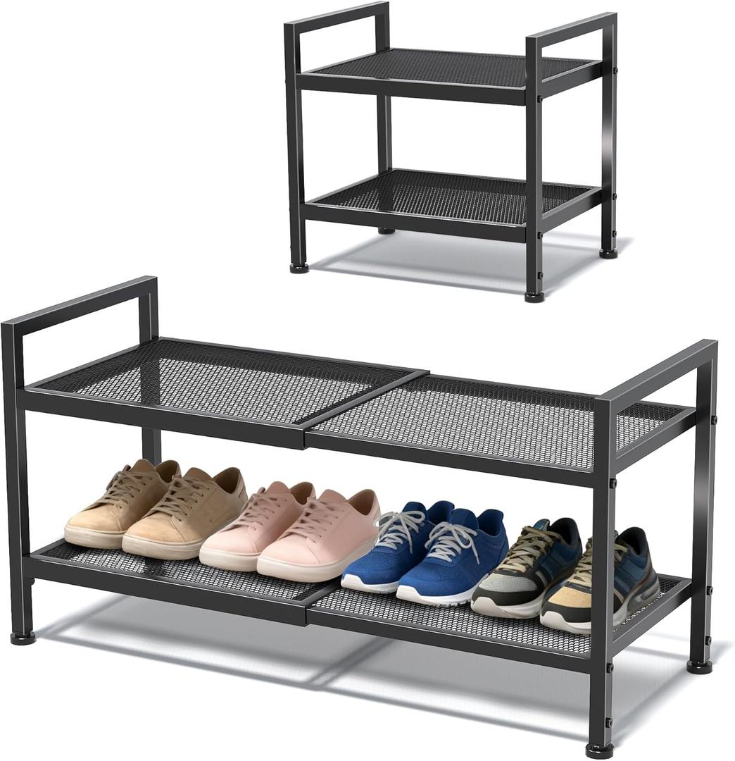 2 Tier Shoe Rack, Expandable Shoe Rack for Closet, Adjustable Shoe Organizer for Entryway, Shoe Storage Organizer for Door Entrance, Garage, Bedroom (Black)