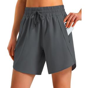 Ksmien Women's 5"/ 7" Athletic Running Shorts Quick Dry Lightweight Workout Gym Shorts with Zipper Pockets UPF 50+ (Black, L)