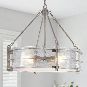 Modern Chandeliers for Dining Room, 20" Brushed Nickel Textured Glass Chandelier Luxury Light Fixture Drum Hanging Lighting for Dining Room Kitchen Island Living Room Hallway Bedroom